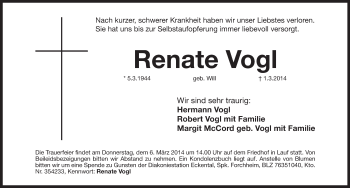 Traueranzeige von Renate Vogl von Pegnitz-Zeitung